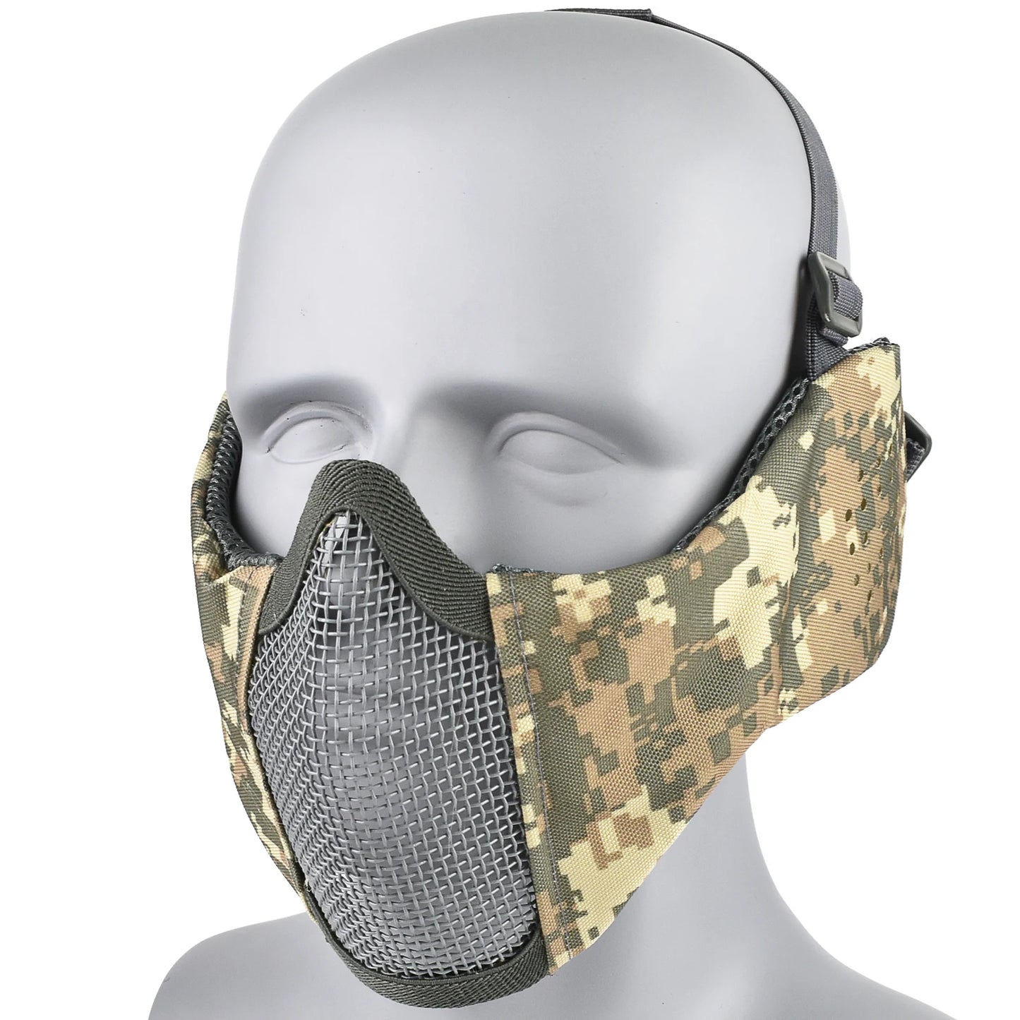 Máscara Táctica Airsoft Media Cara Plegable con Protección Orejas de Malla Metálica Ajustable para Wargame CS