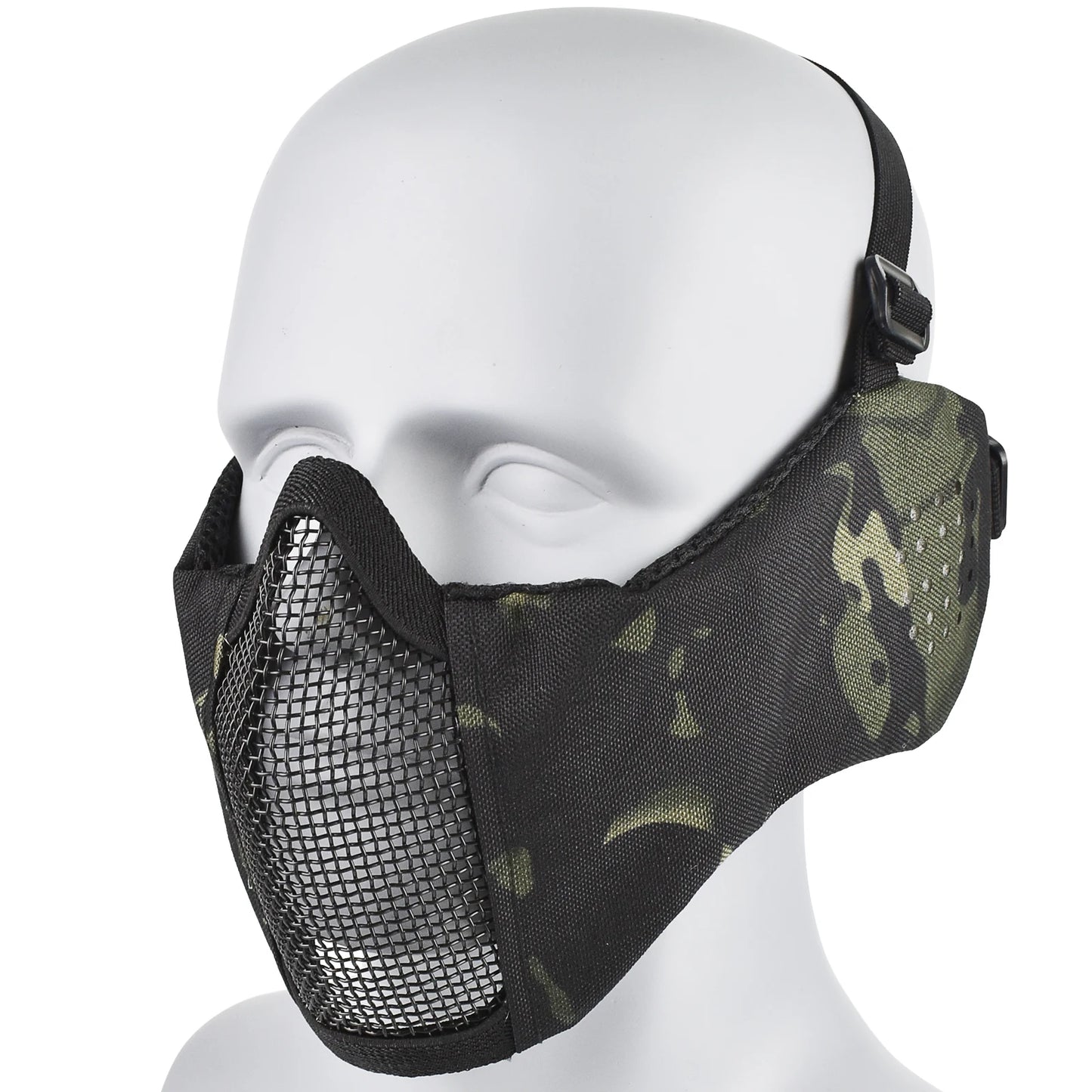 Máscara Táctica Airsoft Media Cara Plegable con Protección Orejas de Malla Metálica Ajustable para Wargame CS
