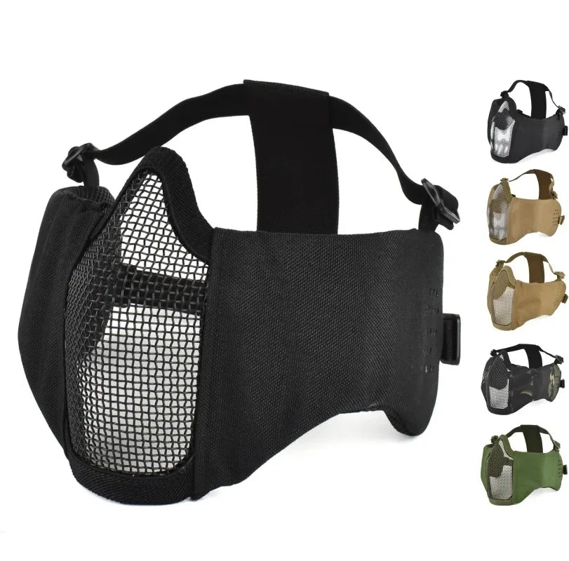 Máscara Táctica Airsoft Media Cara Plegable con Protección Orejas de Malla Metálica Ajustable para Wargame CS